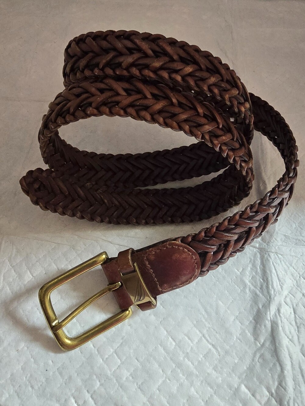 NAUTICA Men's Brown Braided Leather Belt Size 42 Brass Roller Buckle 1 1/4"Wide. - Picture 4 of 10